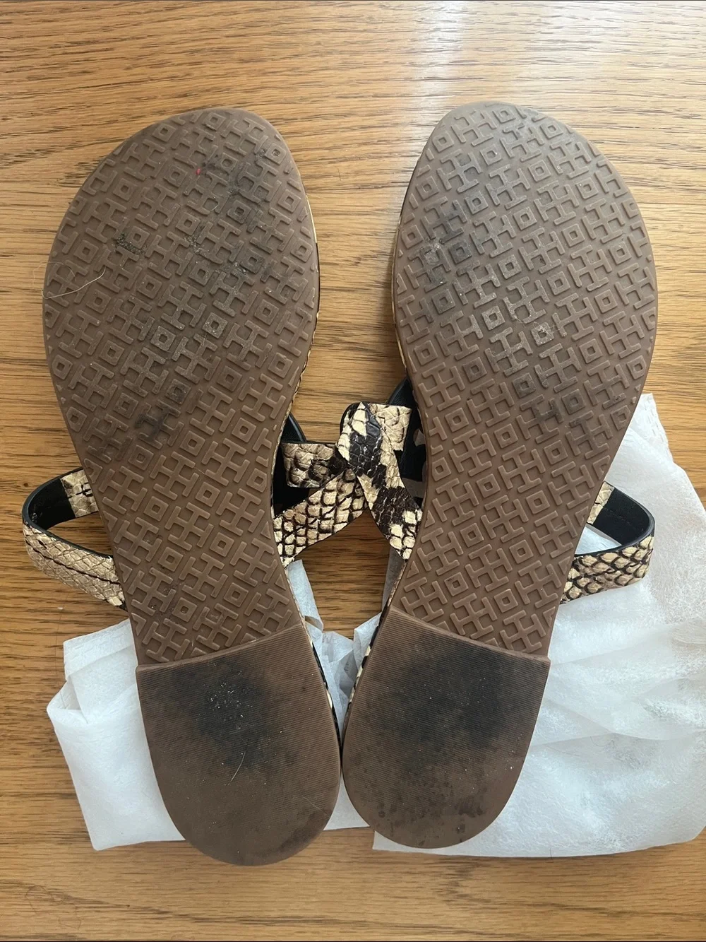 Tory Burch Gold Snake-Print Logo Thong Sandals